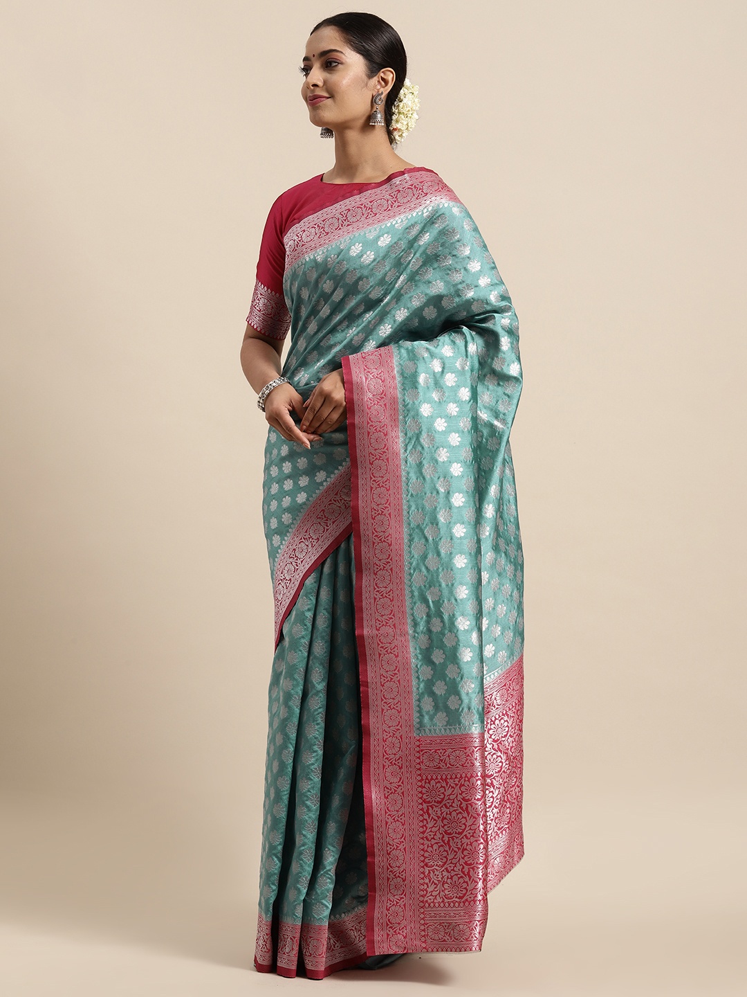 

HERE&NOW Teal Blue & Pink Floral Woven Zari Silk Blend Banarasi Saree