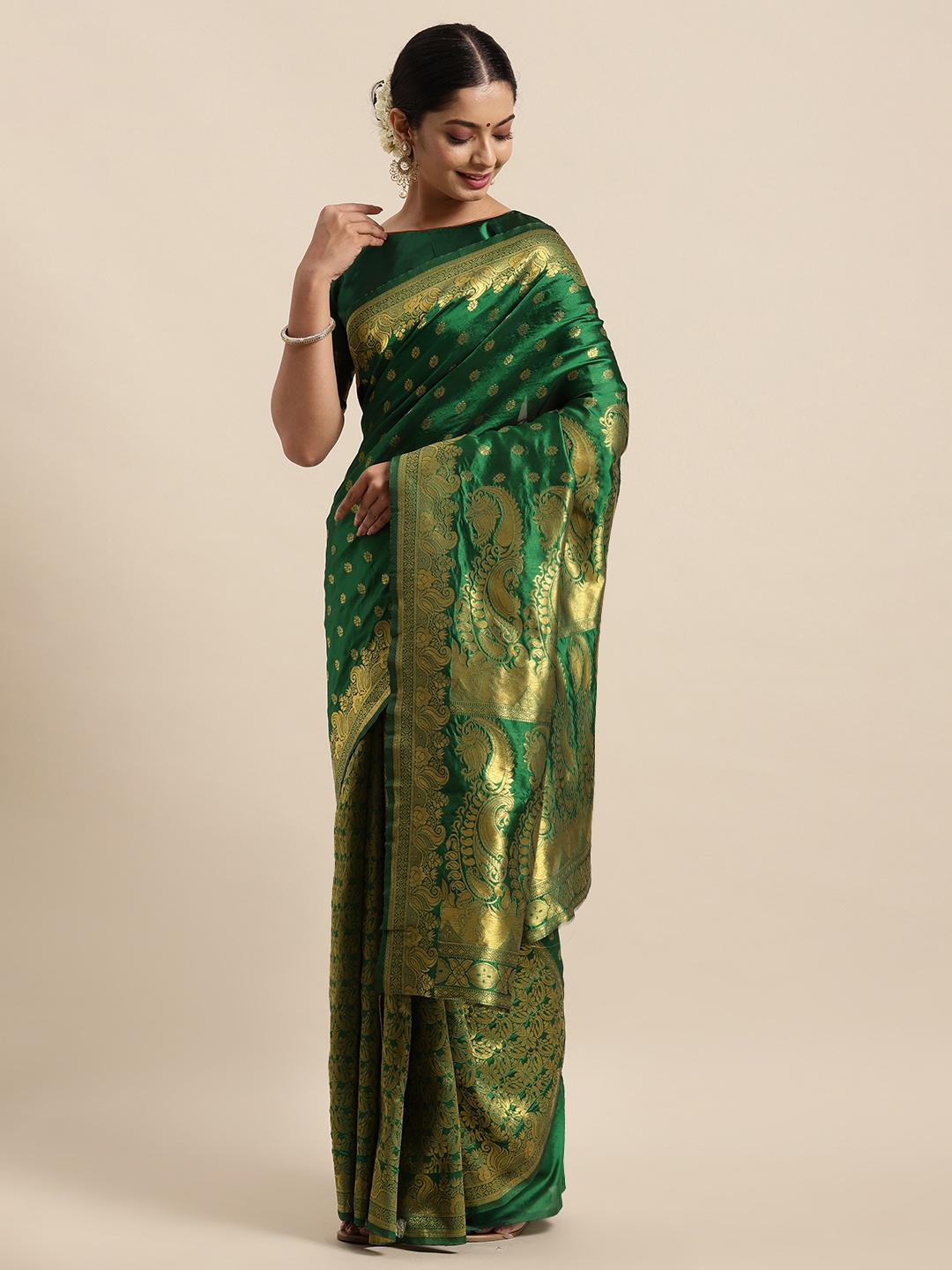 

HERE&NOW Green & Gold-Toned Floral Woven Zari Silk Blend Banarasi Saree