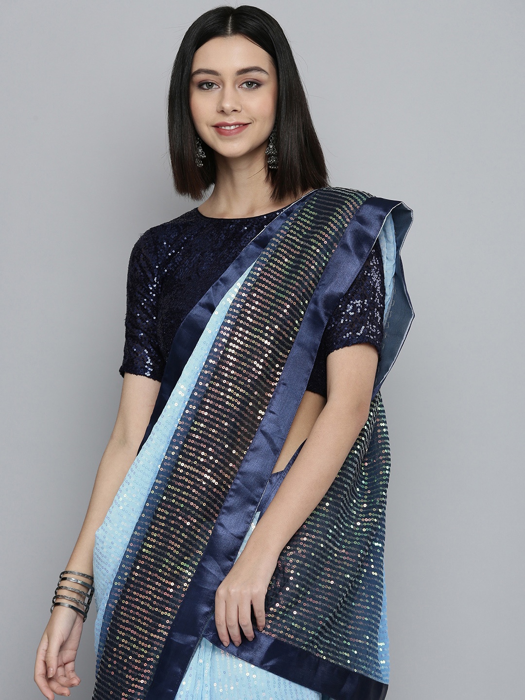 

HERE&NOW Blue Ombre Sequinned Pure Georgette Ready to Wear Saree