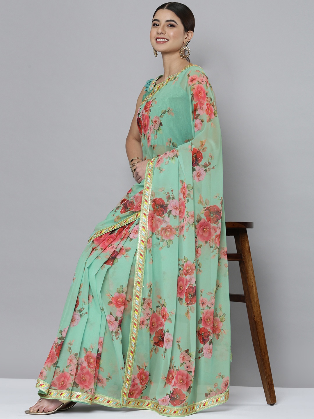 

HERE&NOW Blue & Pink Floral Sequinned Pure GeorgetteSaree