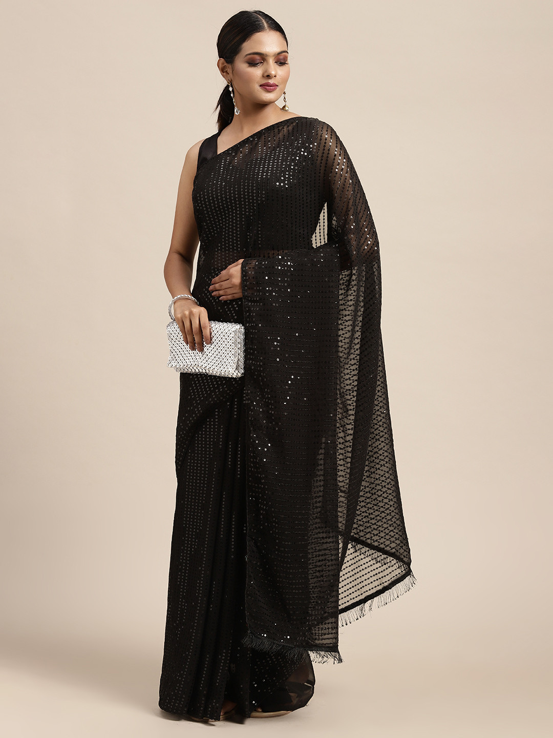 

HERE&NOW Black Embellished Sequinned Pure Georgette Saree