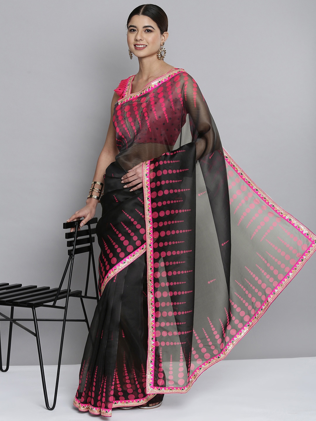 

HERE&NOW Black & Pink Sequinned Organza Saree