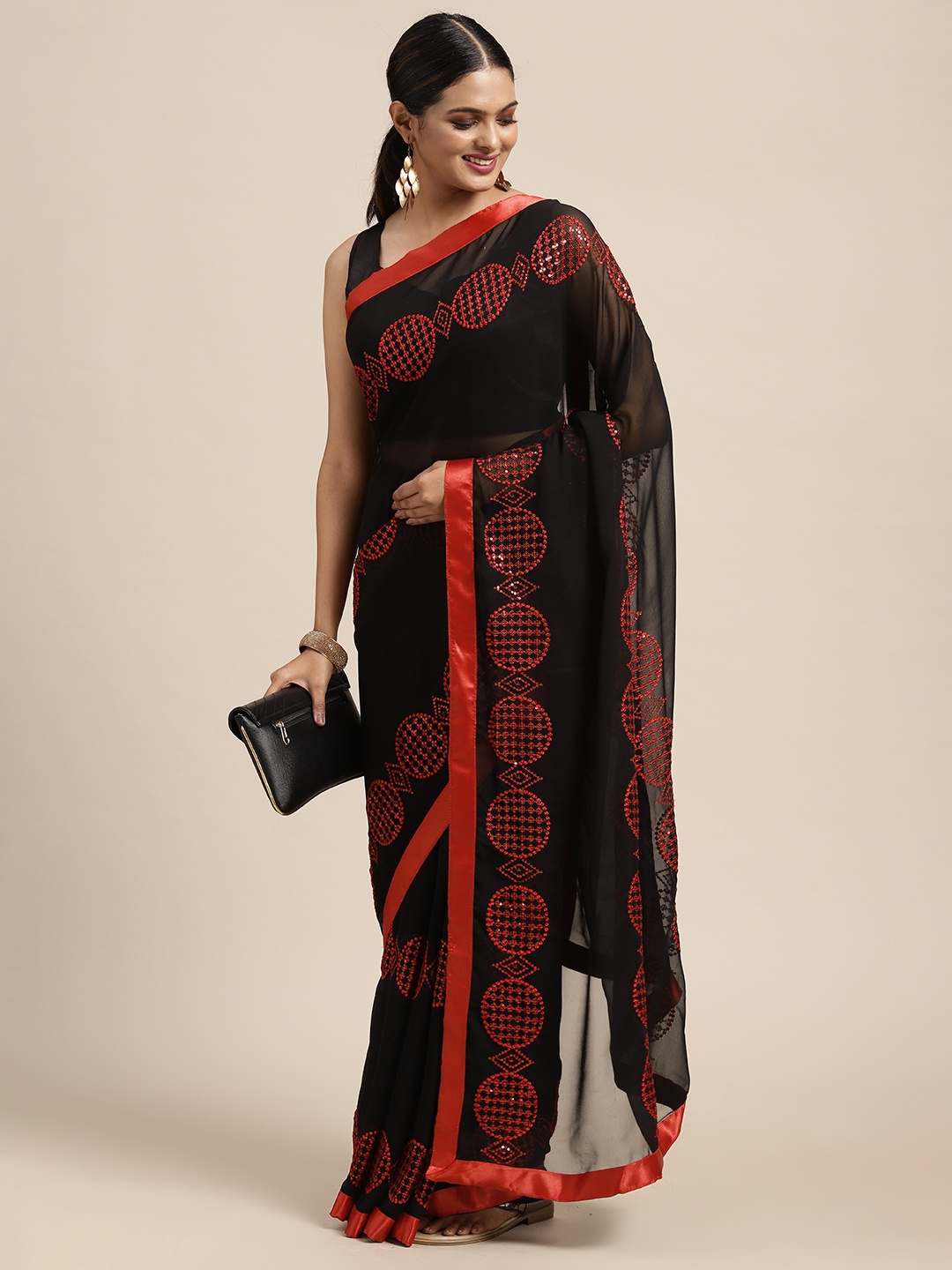 

HERE&NOW Black Sequinned Pure Georgette Saree