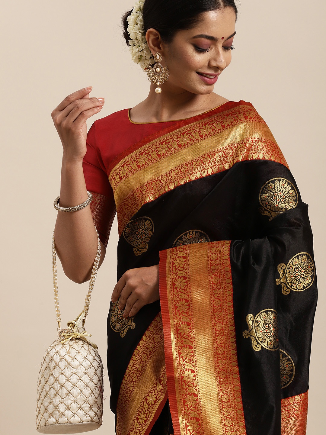 

HERE&NOW Black & Red Ethnic Motifs Woven Zari Silk Blend Banarasi Saree