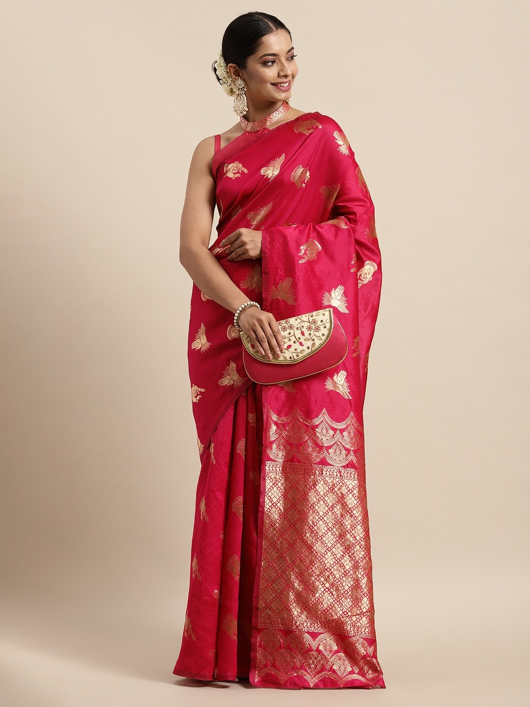 

HERE&NOW Pink Woven Design Zari Silk Blend Banarasi Saree