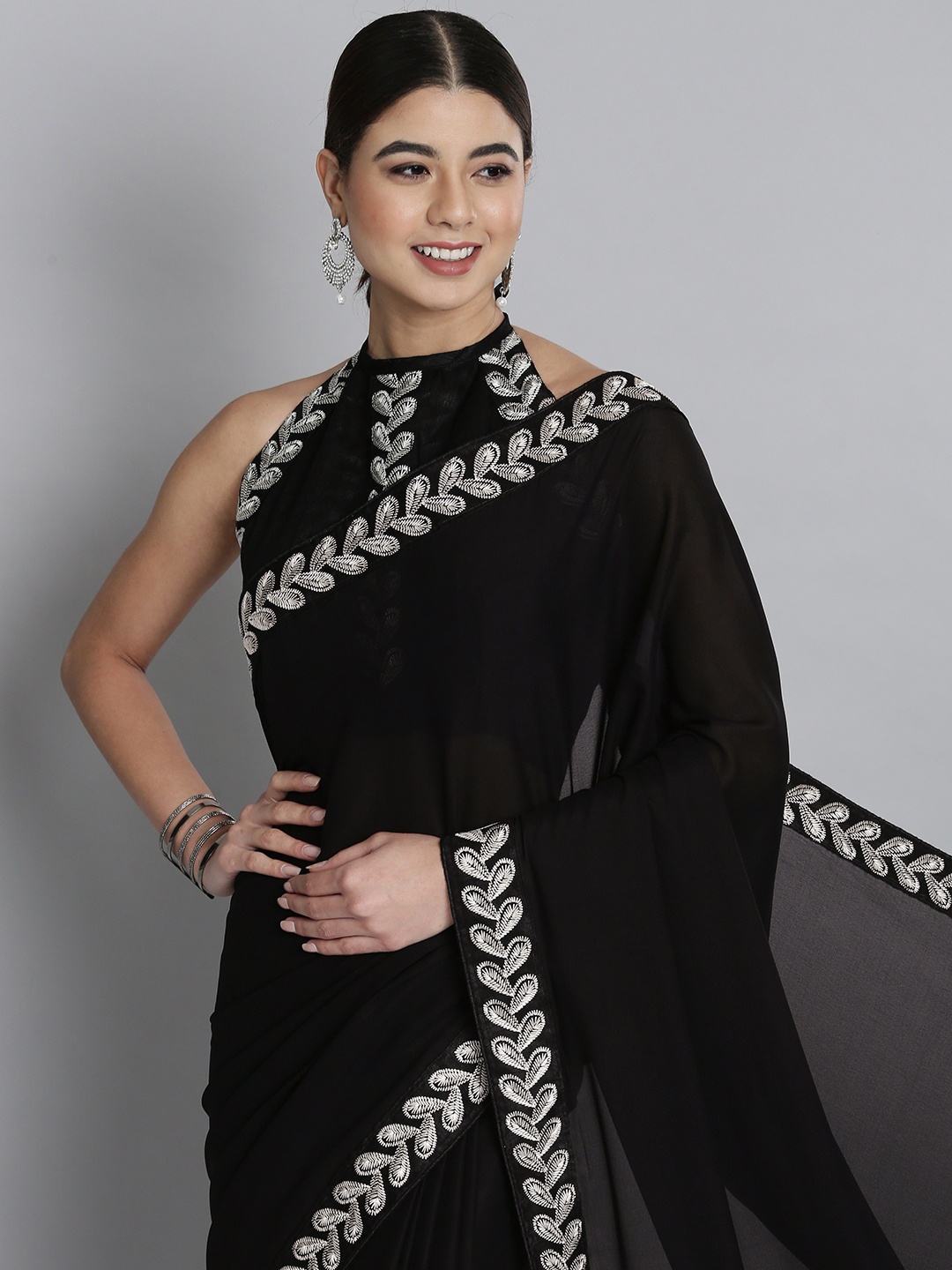 

HERE&NOW Black Embroidered Silk Blend Saree