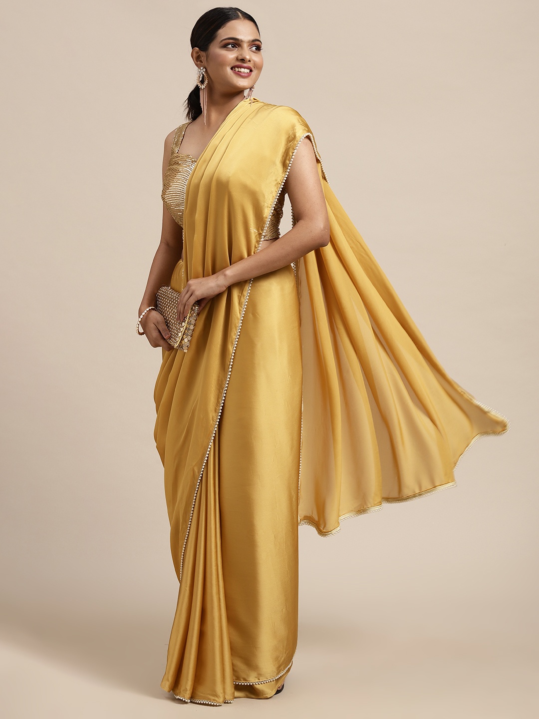 

HERE&NOW Khaki Dyed Pearl Embellished Satin Saree