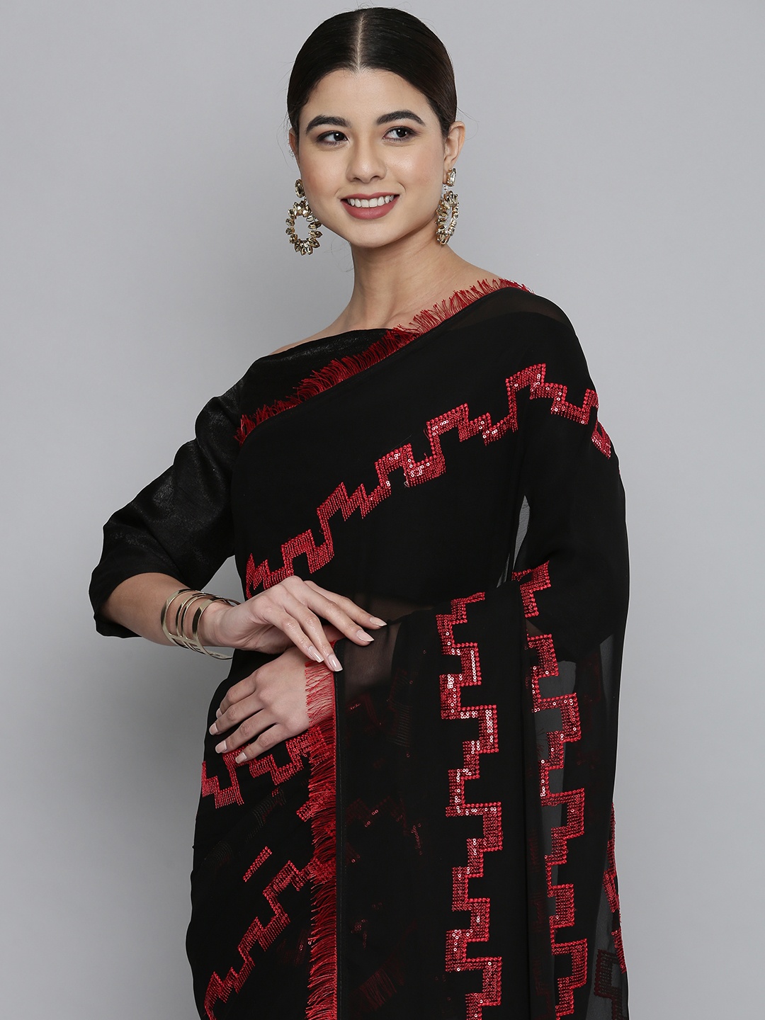 

HERE&NOW Black & Red Sequinned Pure Georgette Saree