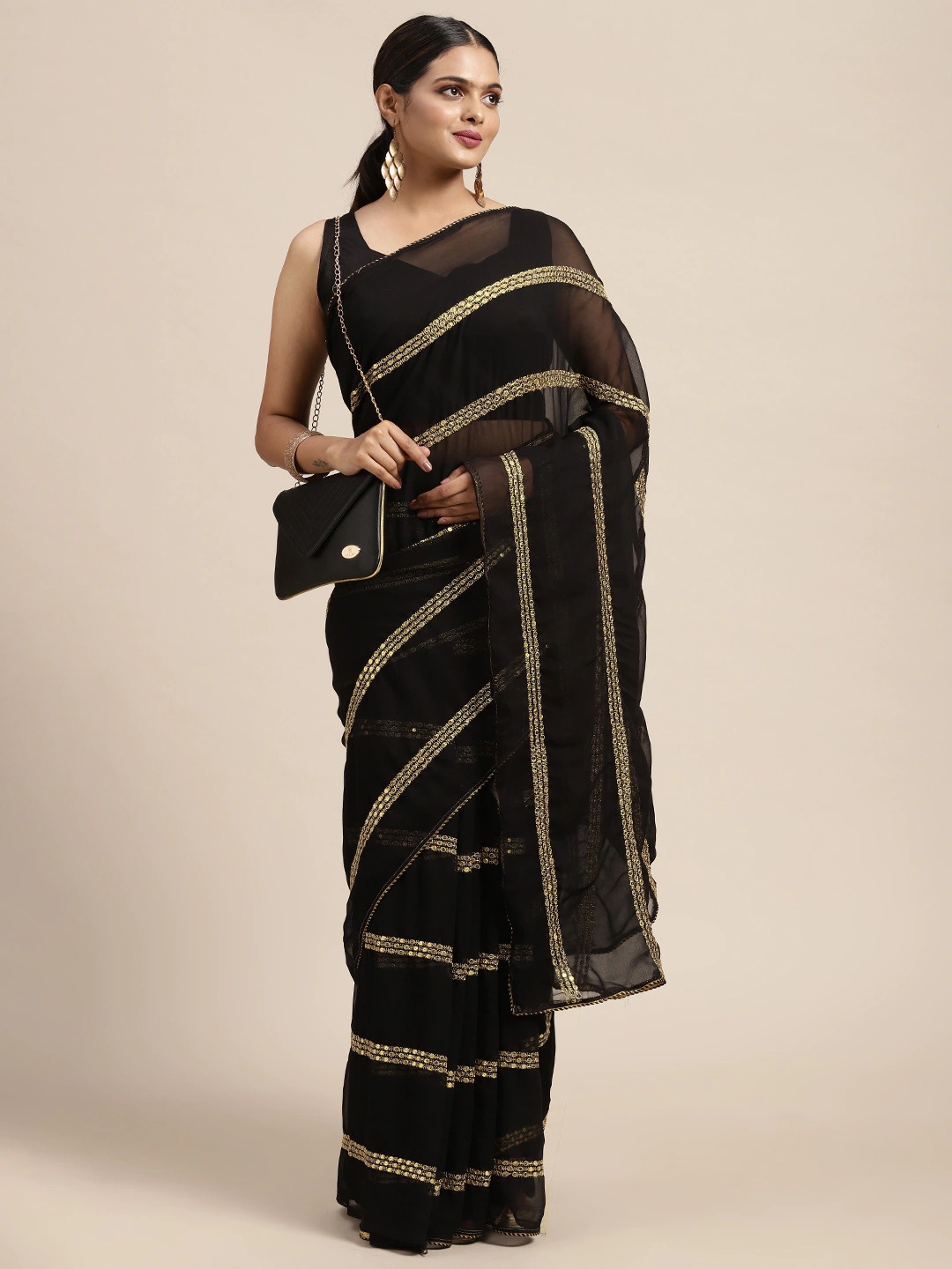 

HERE&NOW Black Embellished Beads and Stones Pure Georgette Saree