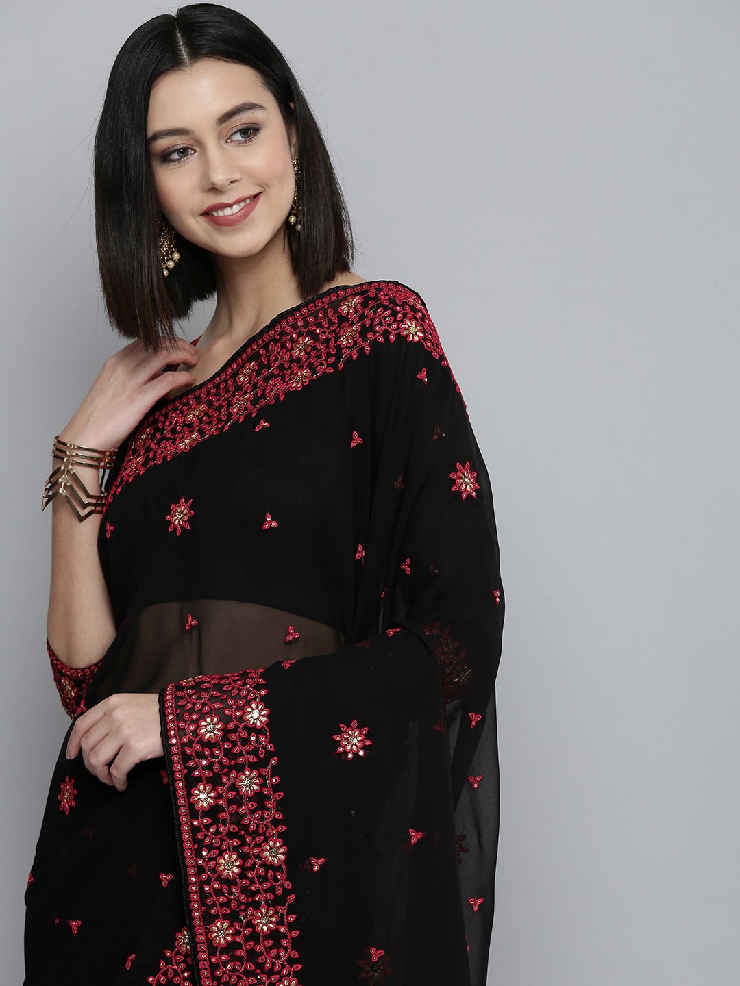 

HERE&NOW Black & Red Ethnic Motifs Sequinned Pure Georgette Saree