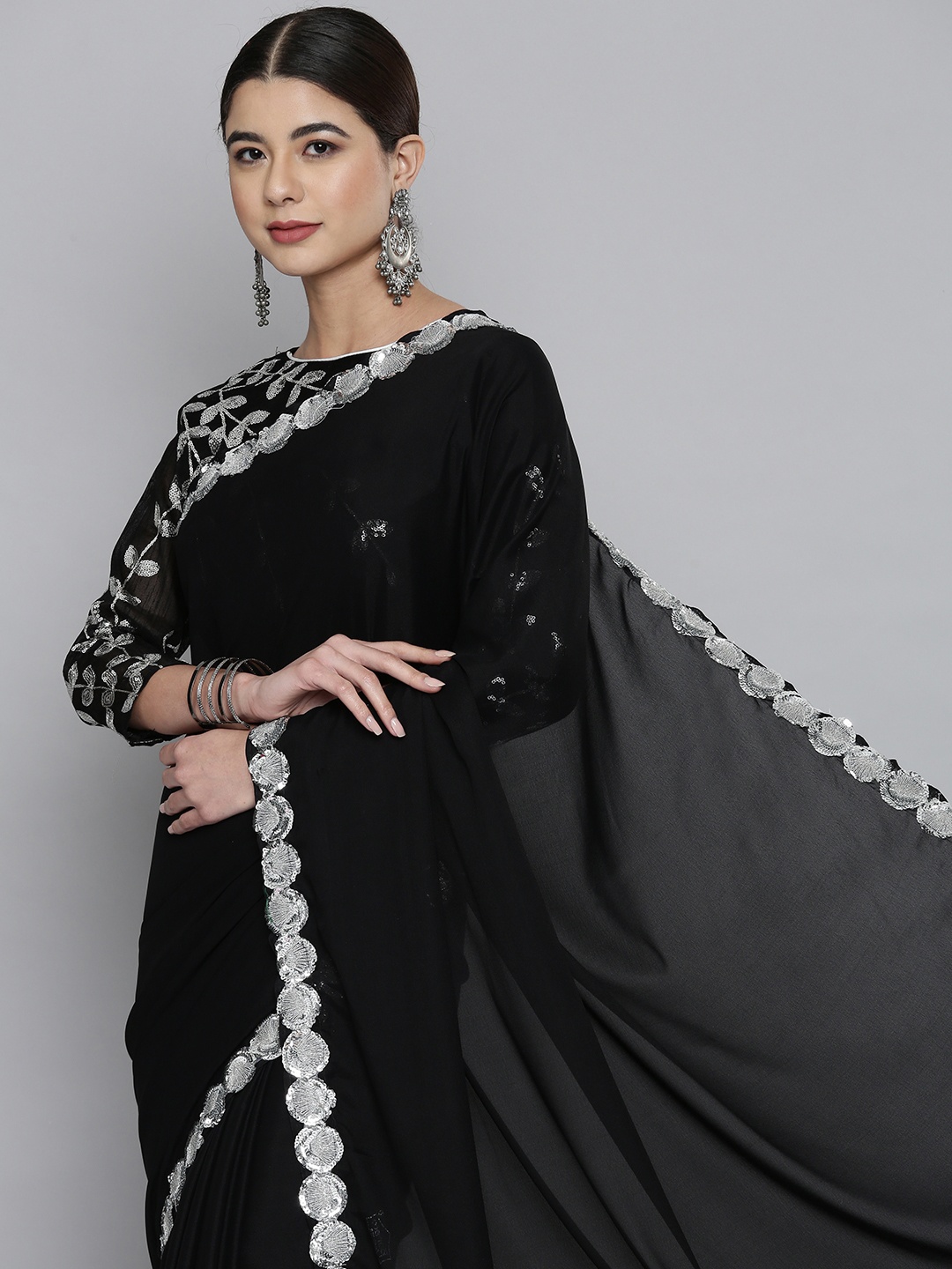 

HERE&NOW Black Sequinned Pure Georgette Saree