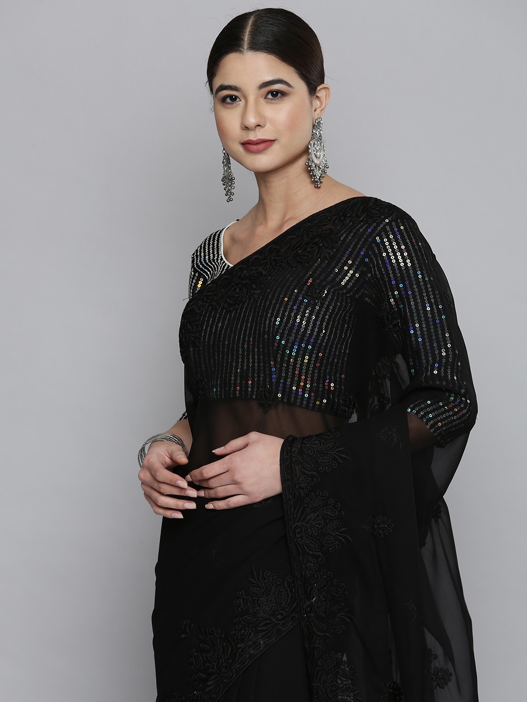 

HERE&NOW Black Ethnic Motifs Sequinned Pure Georgette Saree