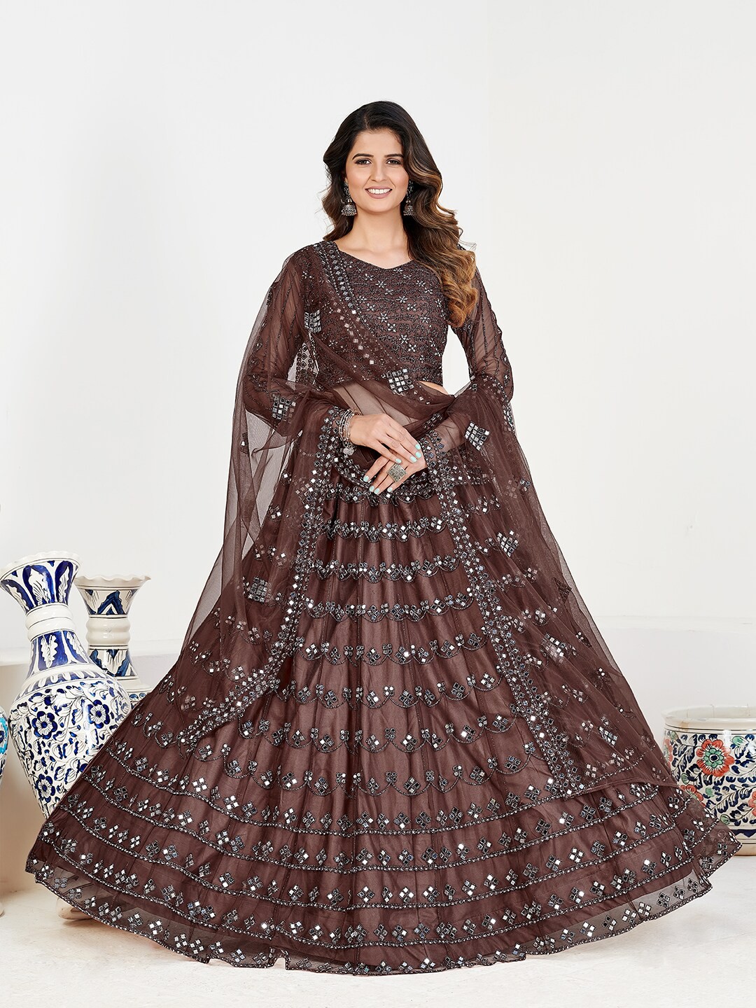 

SHOPGARB Brown & Silver Mirror Work Semi-Stitched Lehenga & Unstitched Blouse With Dupatta