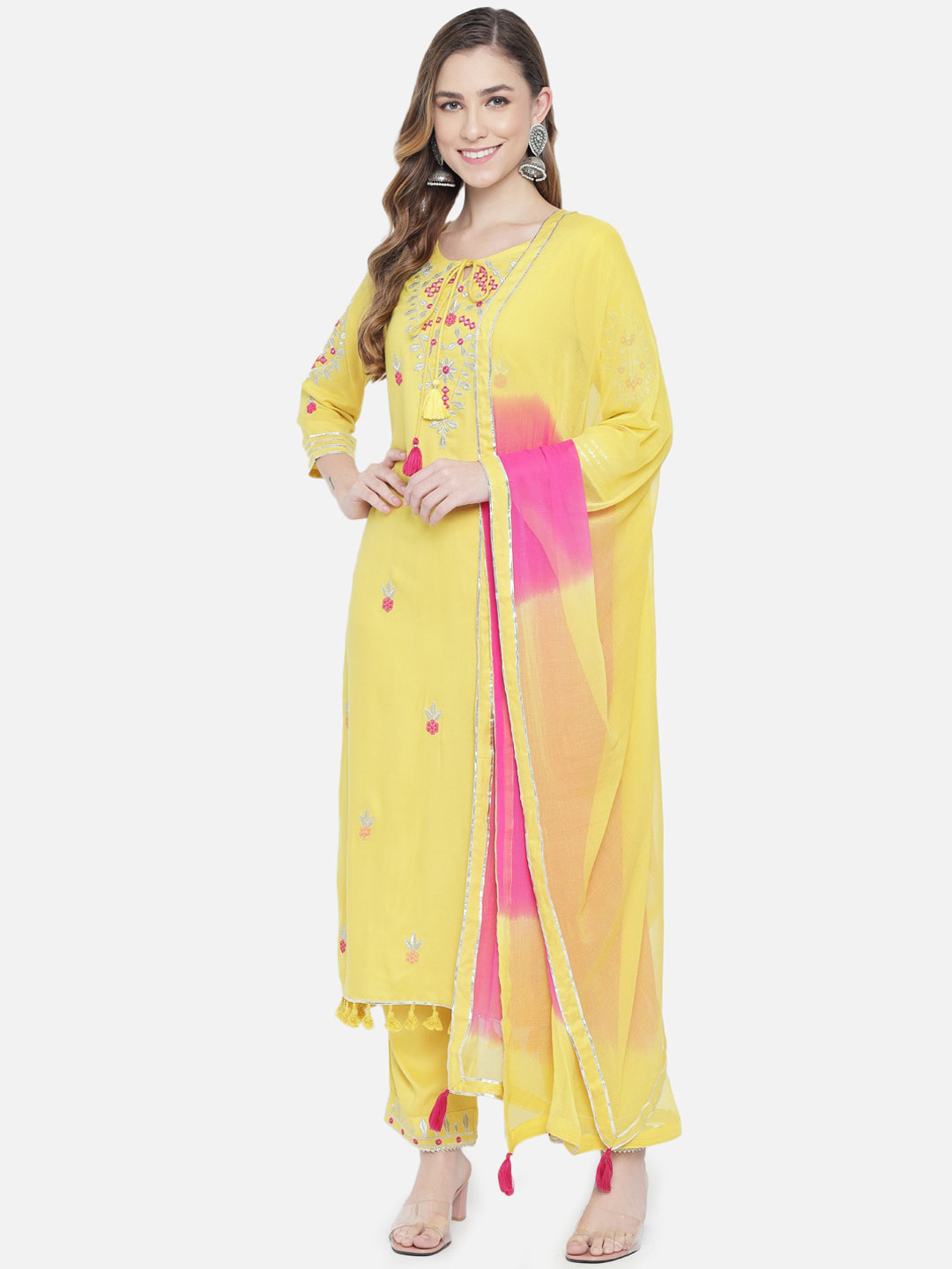 

Prakhya Women Yellow Floral Embroidered Thread Work Kurta with Trousers & With Dupatta