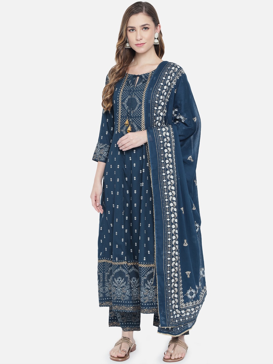 

Prakhya Women Navy Blue Ethnic Motifs Printed Kurta with Palazzos & Dupatta