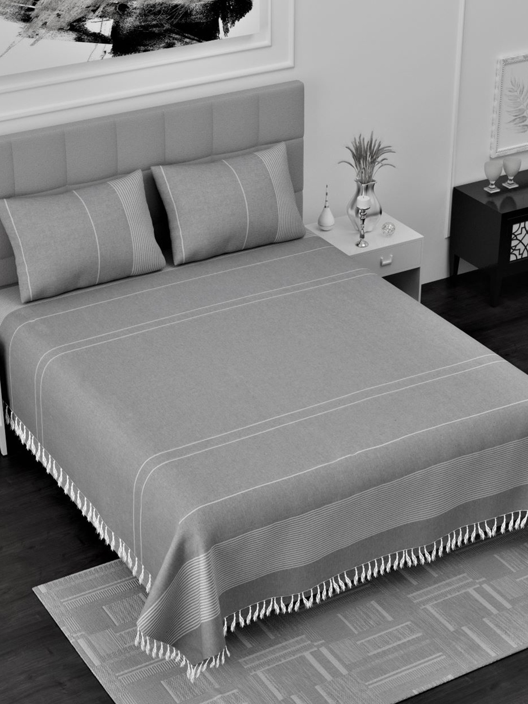 

Varde Grey & White Striped 160 TC King Bedsheet with 2 Pillow Covers