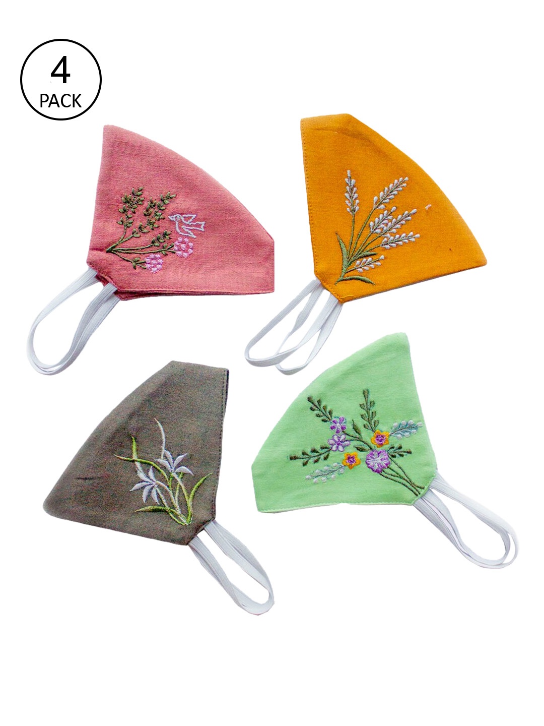 

DEEBACO Women Multicoloured Pack of 4 Embroidered 3-Ply Cloth Mask, Multi