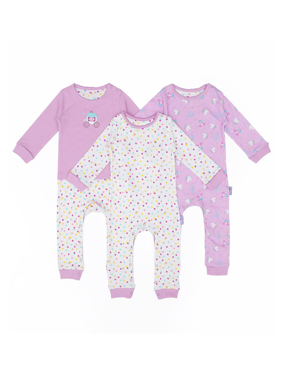 

MiArcus Girls Pack of 3 Purple & White Printed Knitted Cotton Sleepsuits