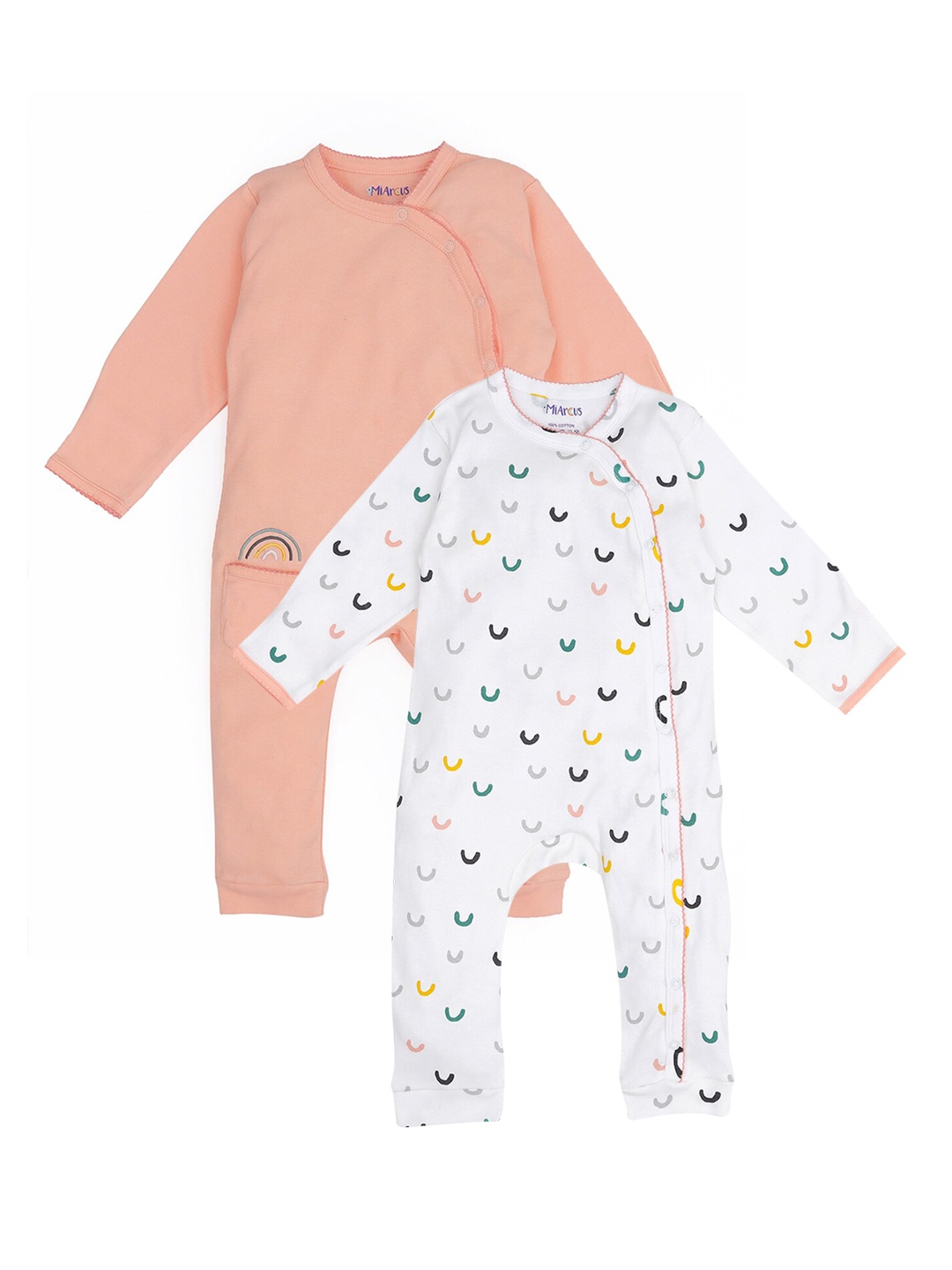 

MiArcus Girls Pack Of 2 White & Orange Printed Cotton Rompers