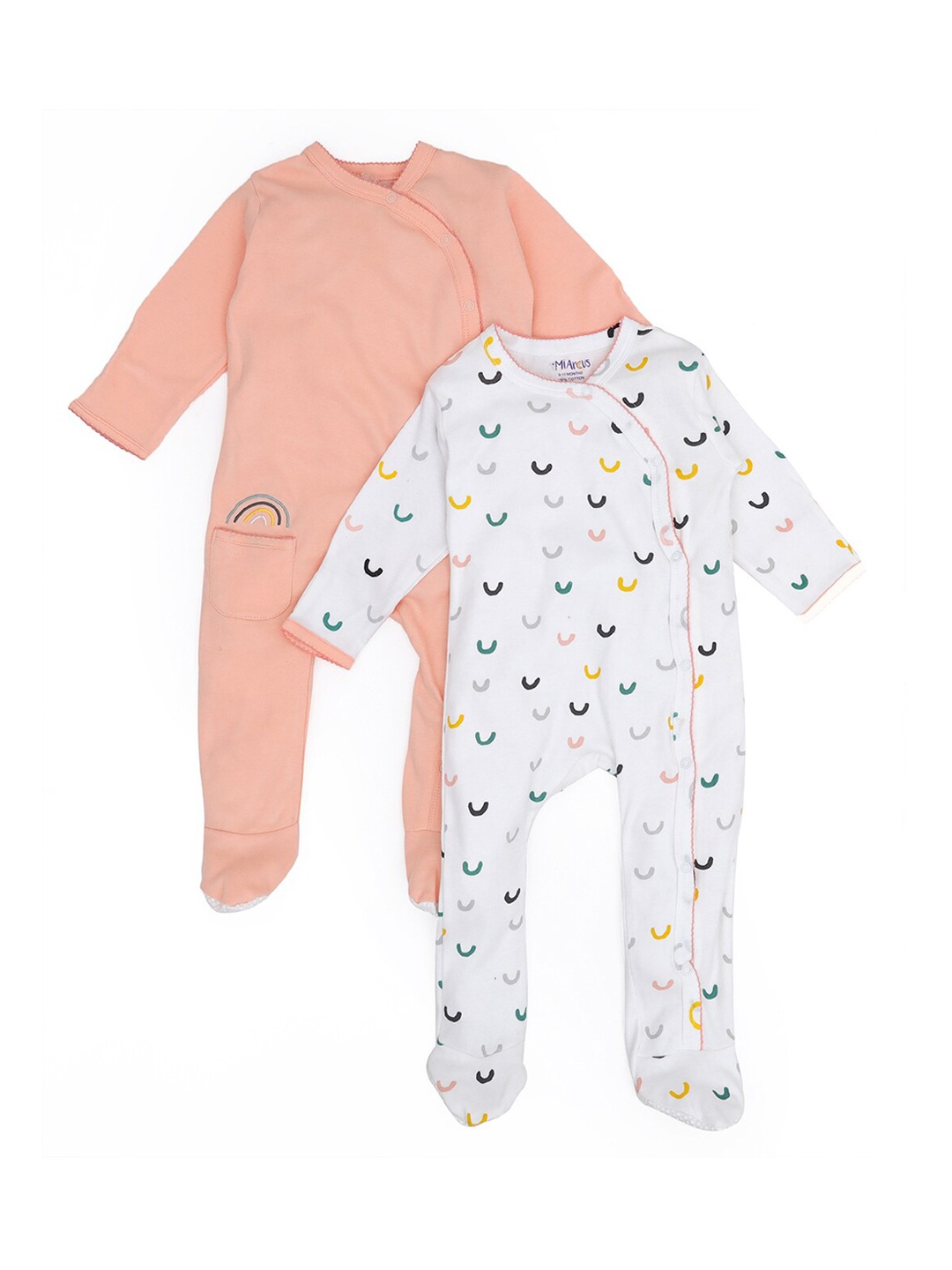 

MiArcus Infants Girls Pack of 2 Coral Pink & White Printed Cotton Sleepsuit