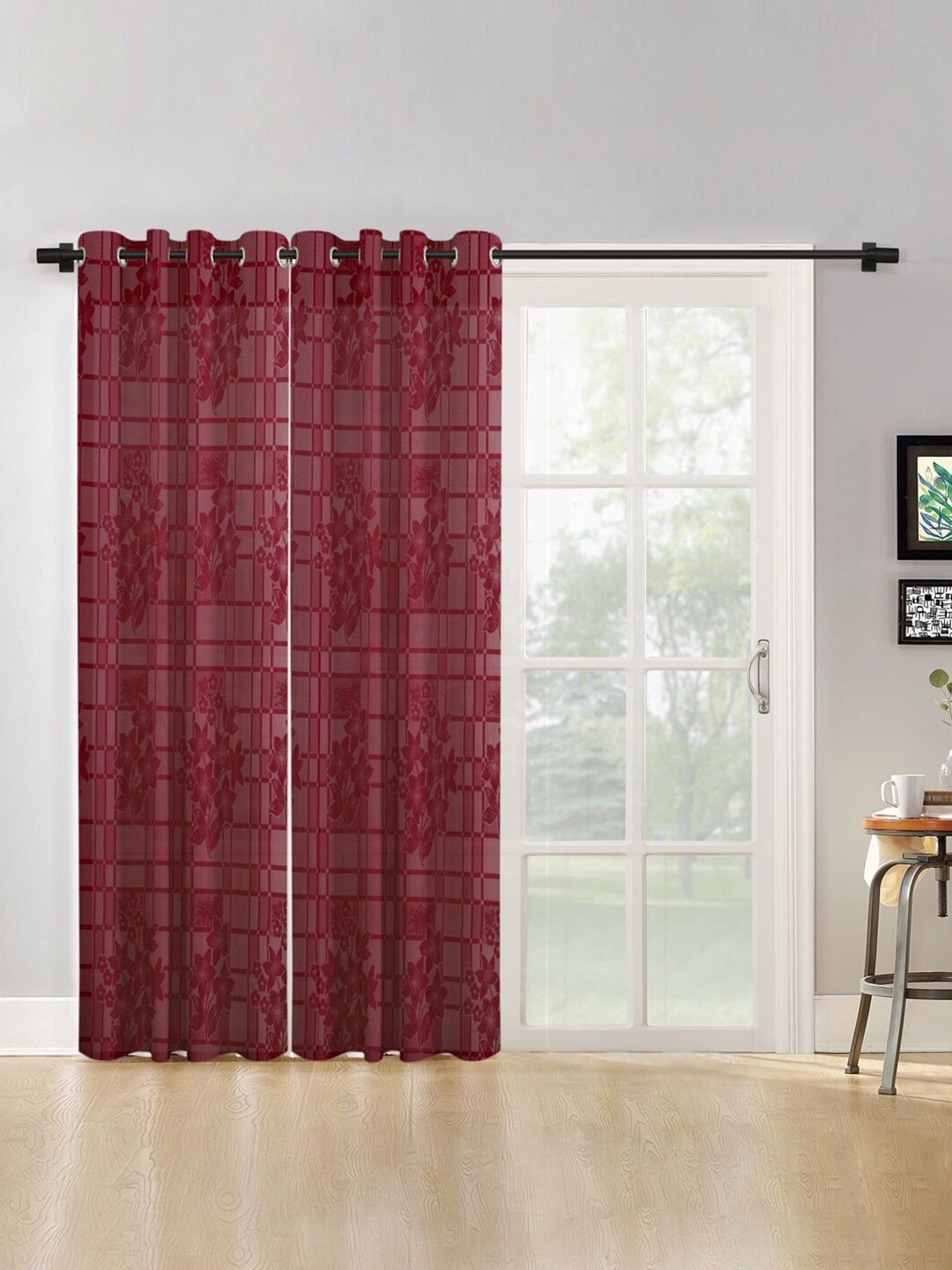 

HOSTA HOMES Pack Of 2 Maroon Floral Long Door Curtain