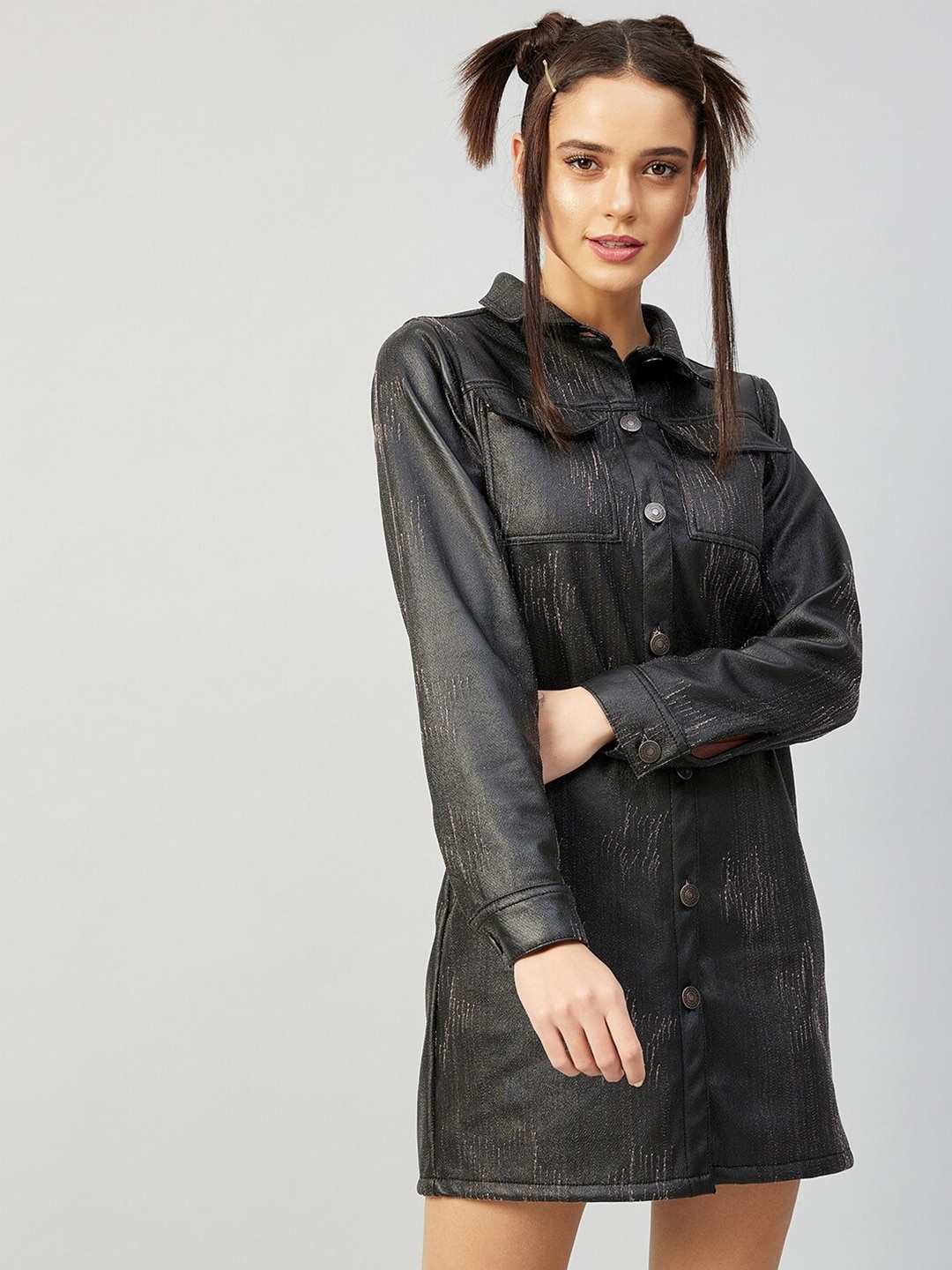 

Athena Charcoal Black Leather Shirt Mini Dress