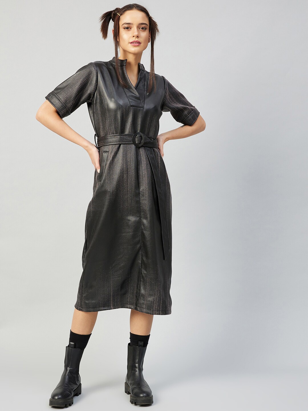 

Athena Charocal Black Leather A-Line Midi Dress, Charcoal