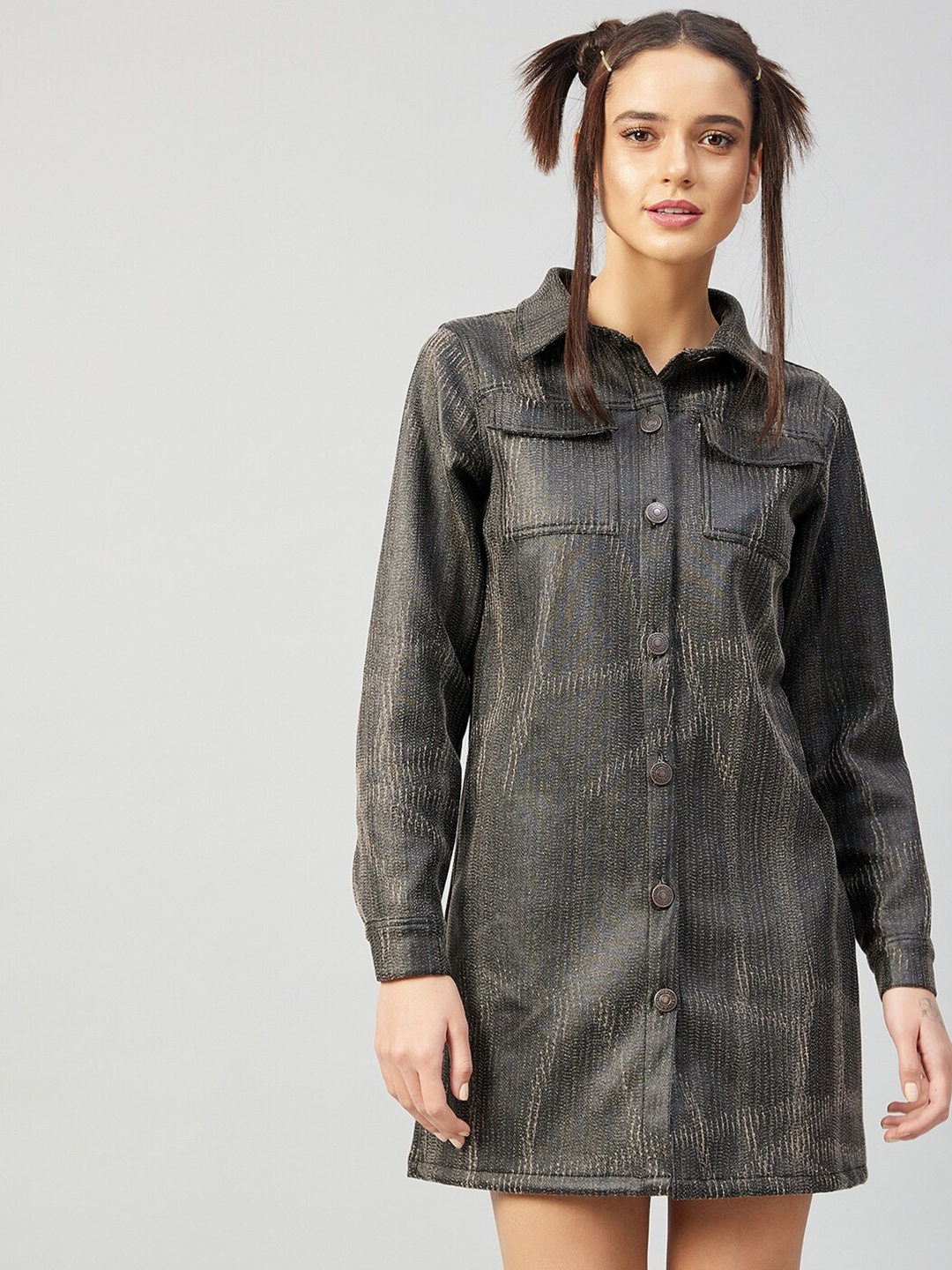 

Athena Charcoal Grey Leather Shirt Mini Dress