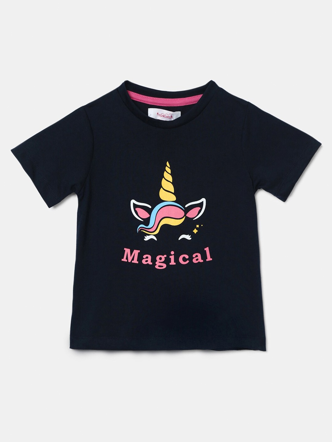 

Hopscotch Girls Navy Blue Unicorn Printed Cotton T-shirt