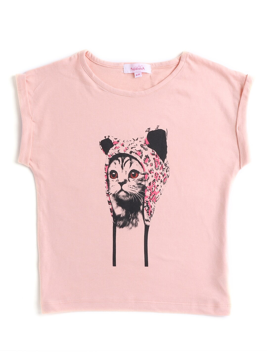 

Hopscotch Girls Pink Printed Extended Sleeves Pure Cotton T-shirt