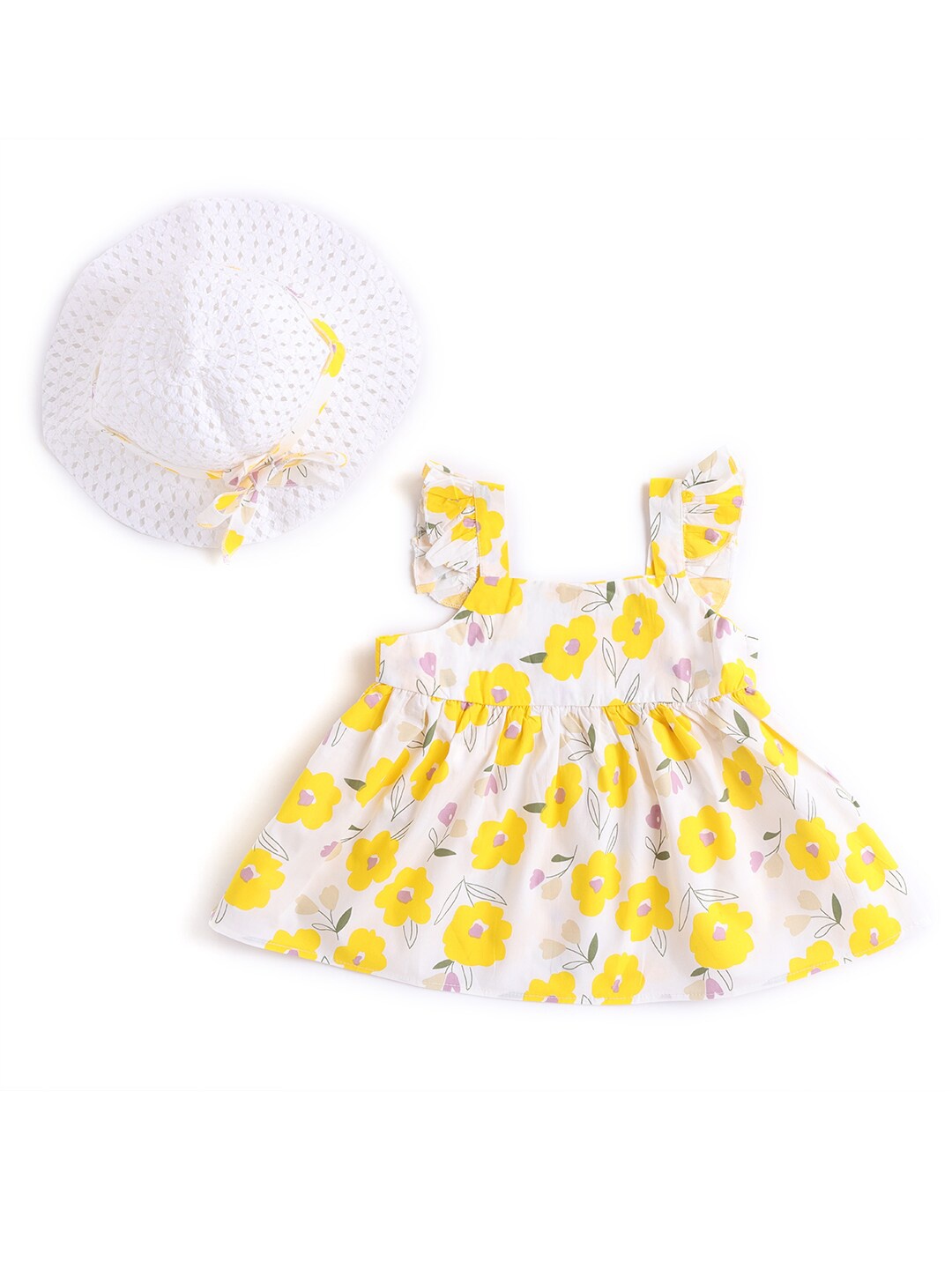 

Hopscotch Yellow & White Floral Print Empire Top With Hat