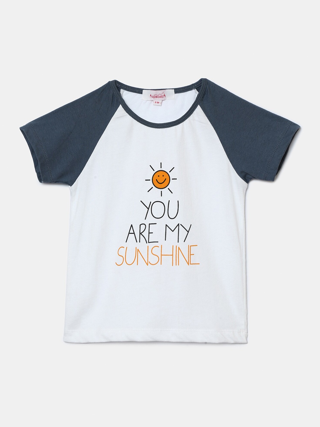 

Hopscotch Boys White & Navy Blue Typography Printed Cotton T-shirt