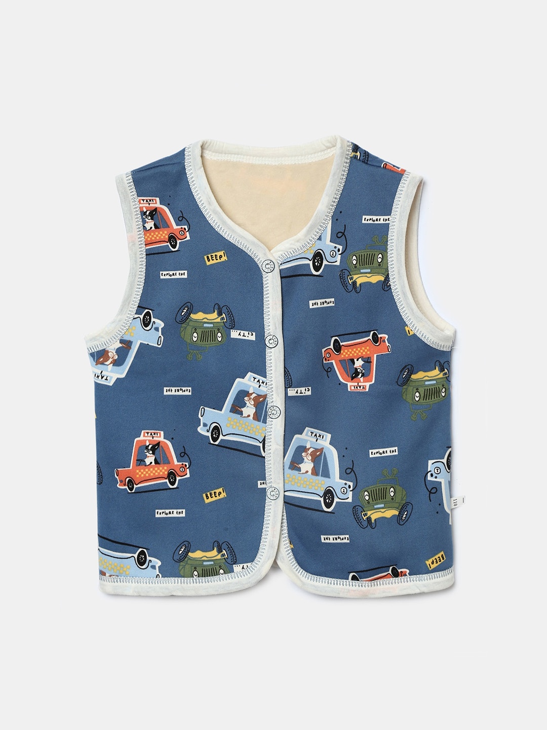 

Hopscotch Boys Sleeveless Vehicle Printed Waistcoat, Blue