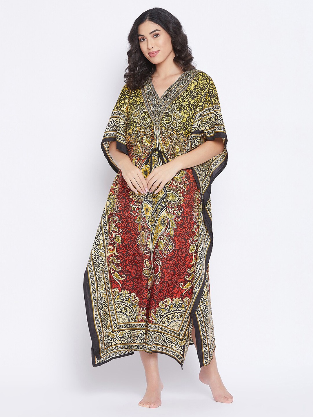 

Clovia Red & Yellow Printed Maxi Kaftan Nightdress