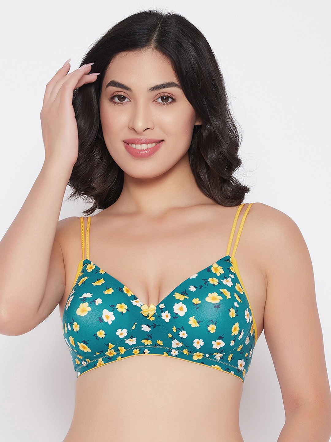 

Clovia Turquoise Blue & Yellow Floral Printed T-shirt Bra - Lightly Padded