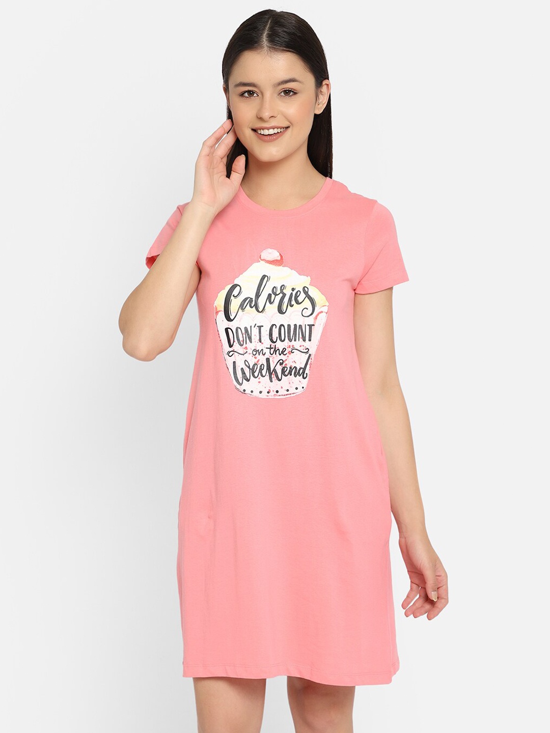 

Clovia Women Pink Printed T Shirt Nightdress