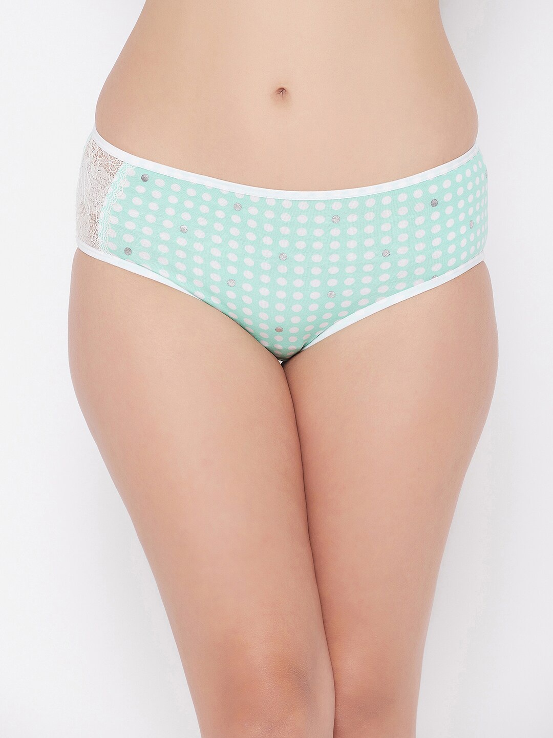 

Clovia Women Mid Waist Polka Dot Cotton Hipster Briefs with Lace Insert, Sea green