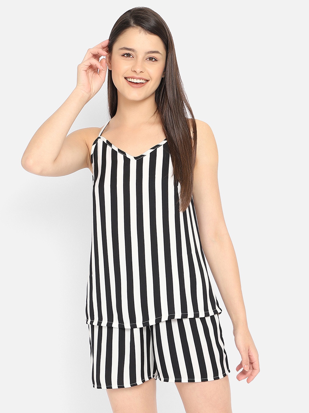 

Clovia Women Black Striped Top with Shorts