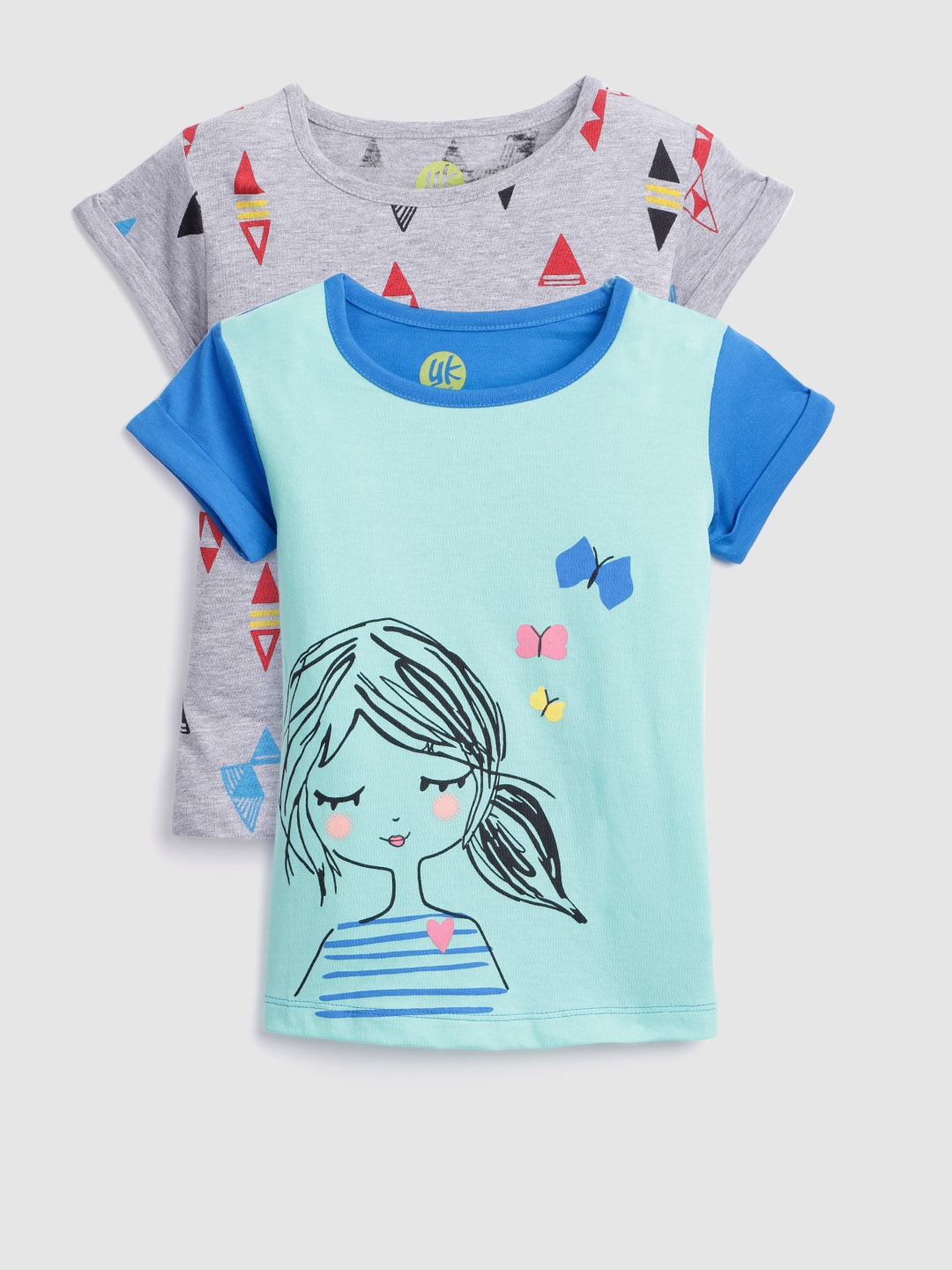 

YK Girls Pack of 2 Grey & Blue Girl Illustration Printed Cotton T-shirts, Sea green