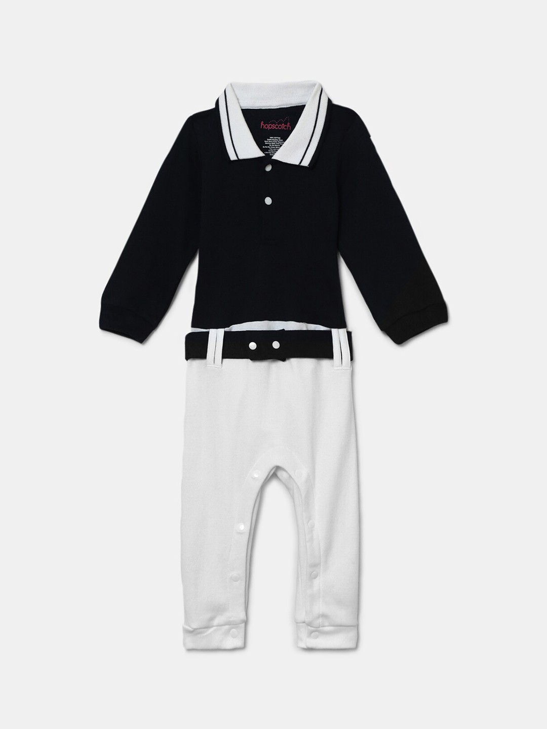 

Hopscotch Infant Boys Navy Blue & White Solid Pure Cotton Rompers