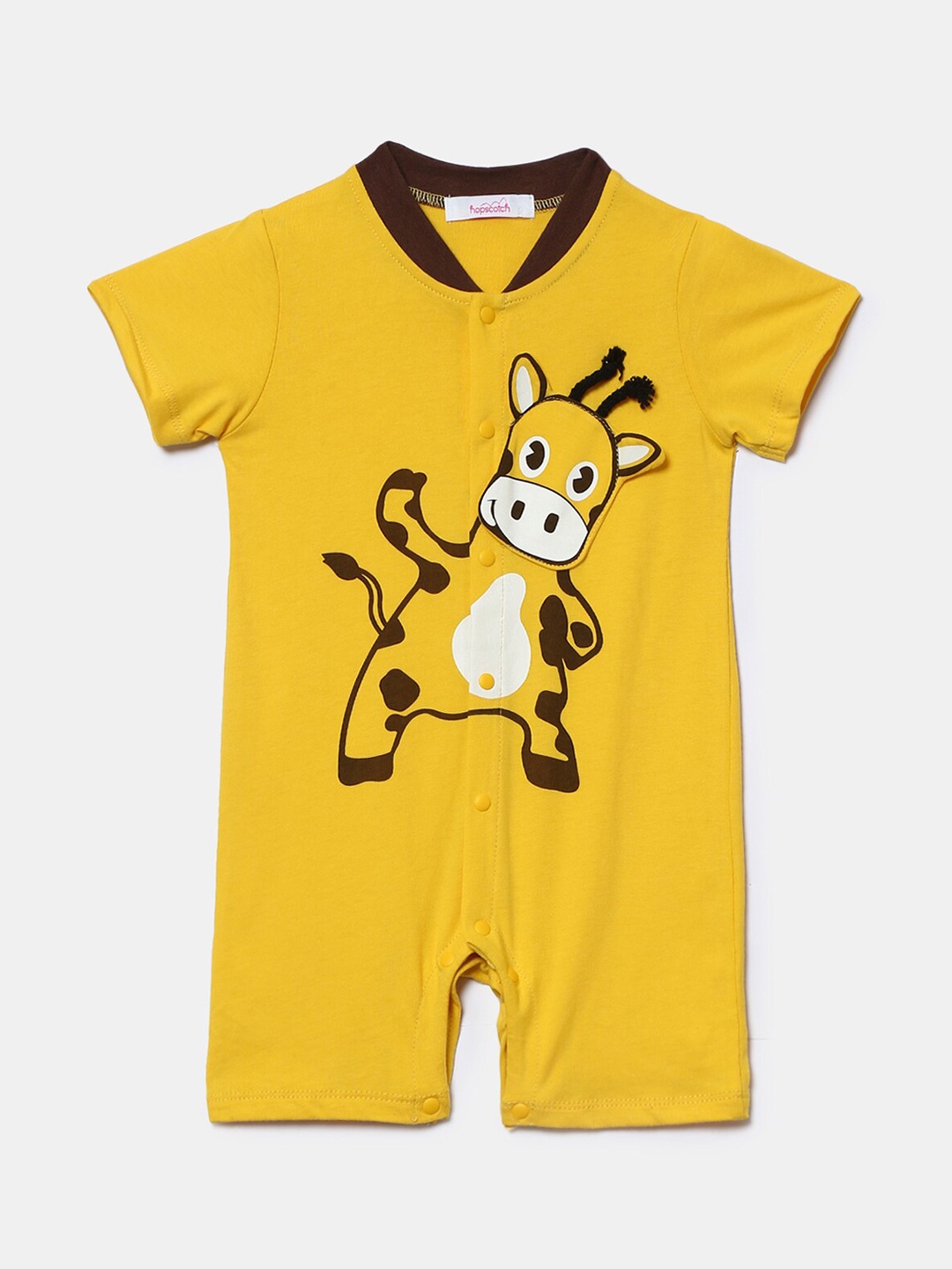 

Hopscotch Infant Kids Yellow & Brown Printed Cotton Rompers