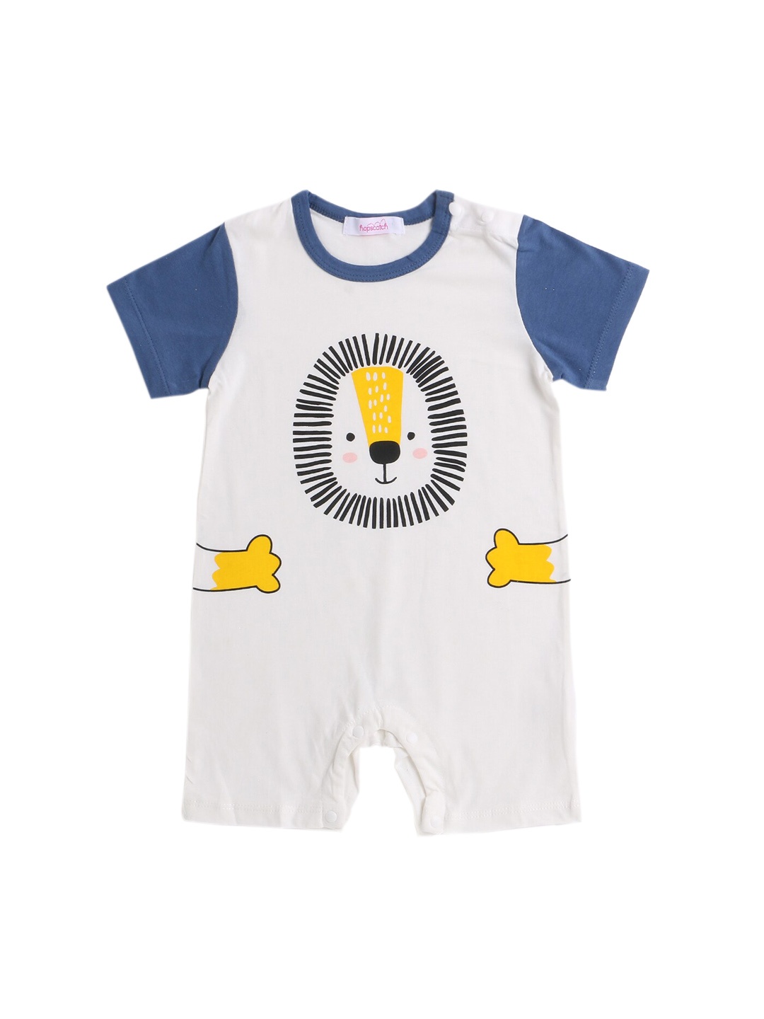 

Hopscotch Infants Kids Blue & White Printed Cotton Rompers