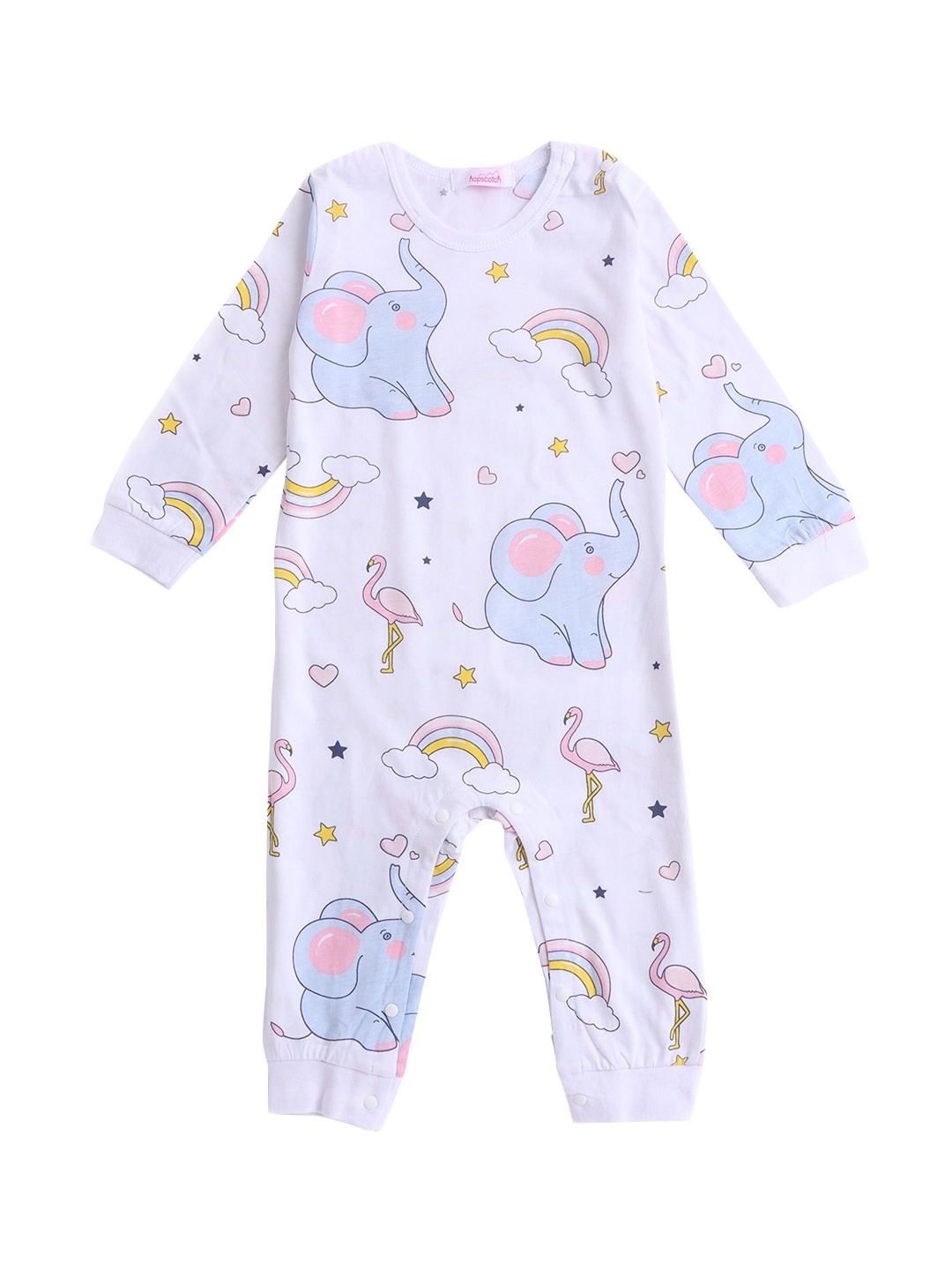 

Hopscotch Kids White & Blue Printed Pure Cotton Rompers