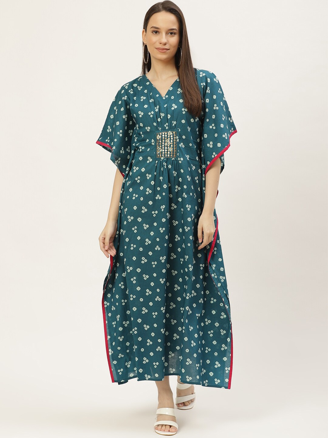 

Maaesa Teal Printed Pure Cotton Kaftan Maxi Nightdress