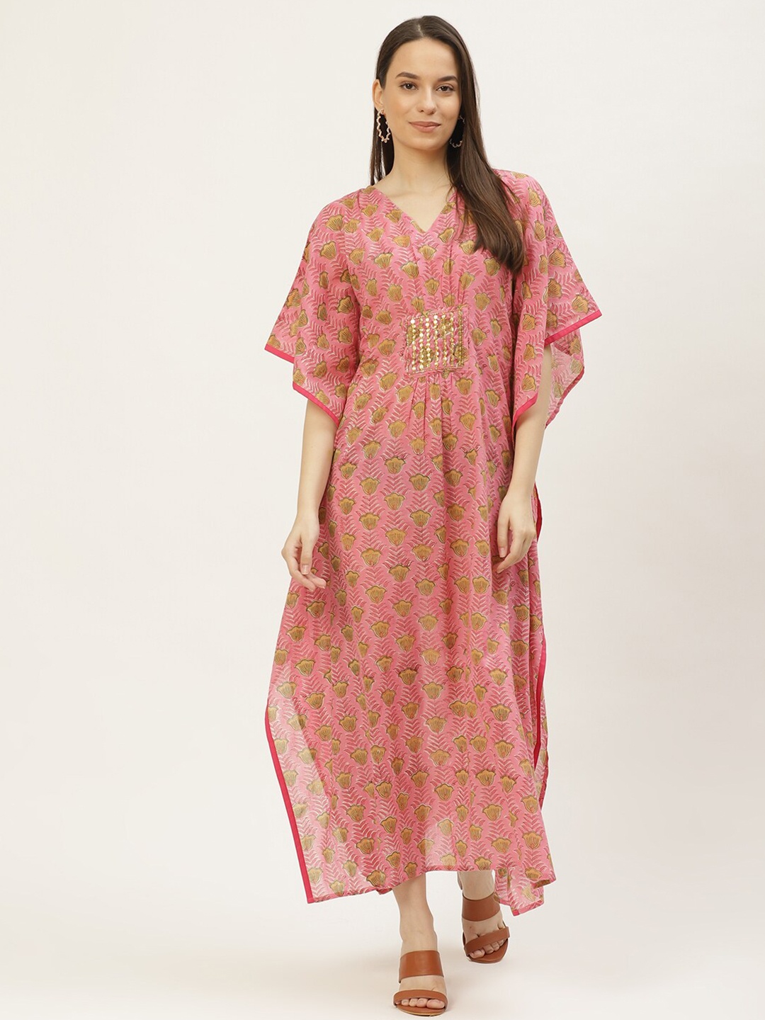

Maaesa Pink & Yellow Ethnic Motifs Printed Pure Cotton Maxi Kaftan Nightdress
