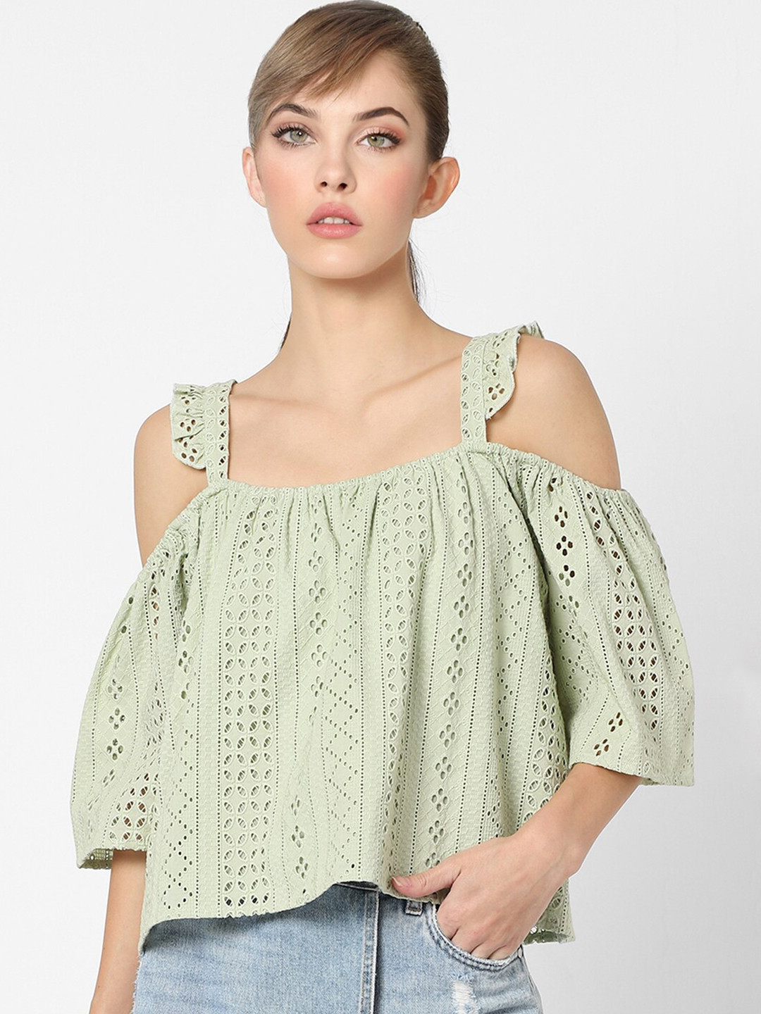 

ONLY Green Self Design Schiffli Top