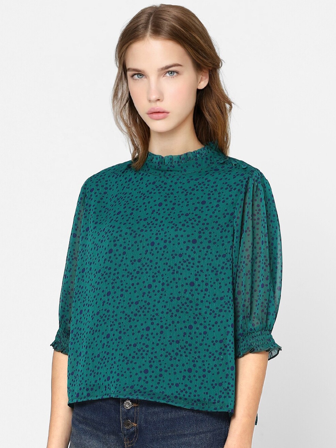 

ONLY Green & Navy Blue Polka Dots Printed High Neck Top