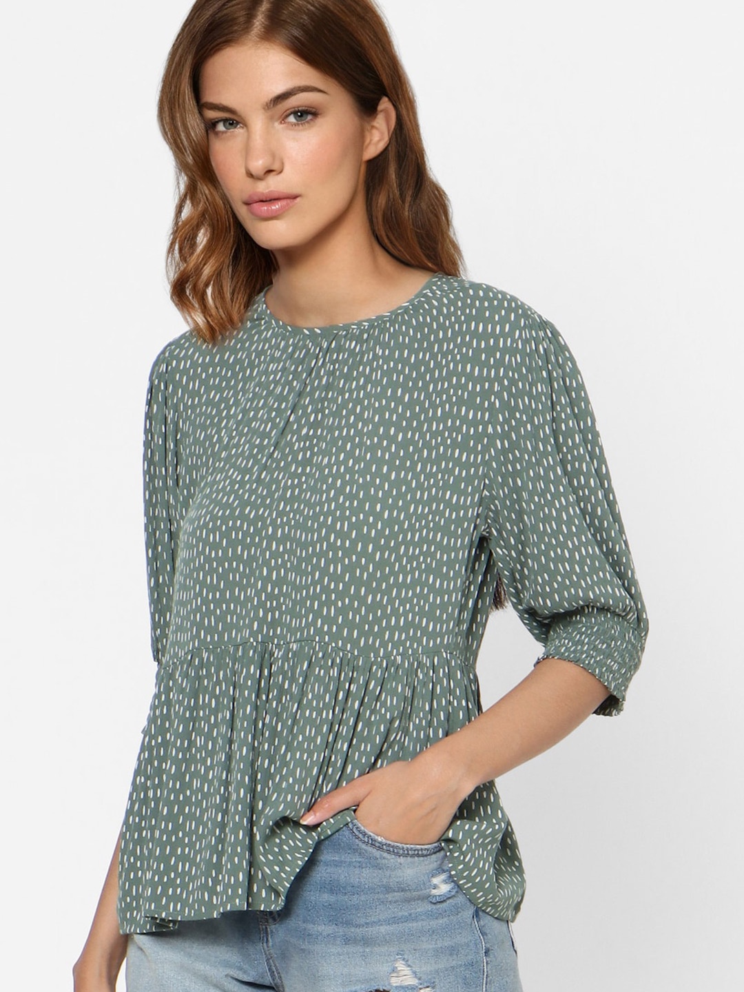 

ONLY Green Geometric Print Peplum Top