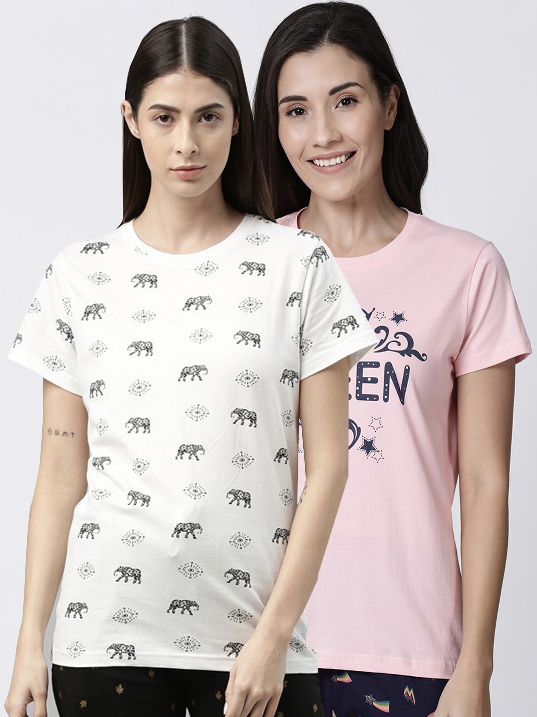 

Kryptic Women Pack Of 2 Printed Pure Cotton Lounge T-Shirts, Pink