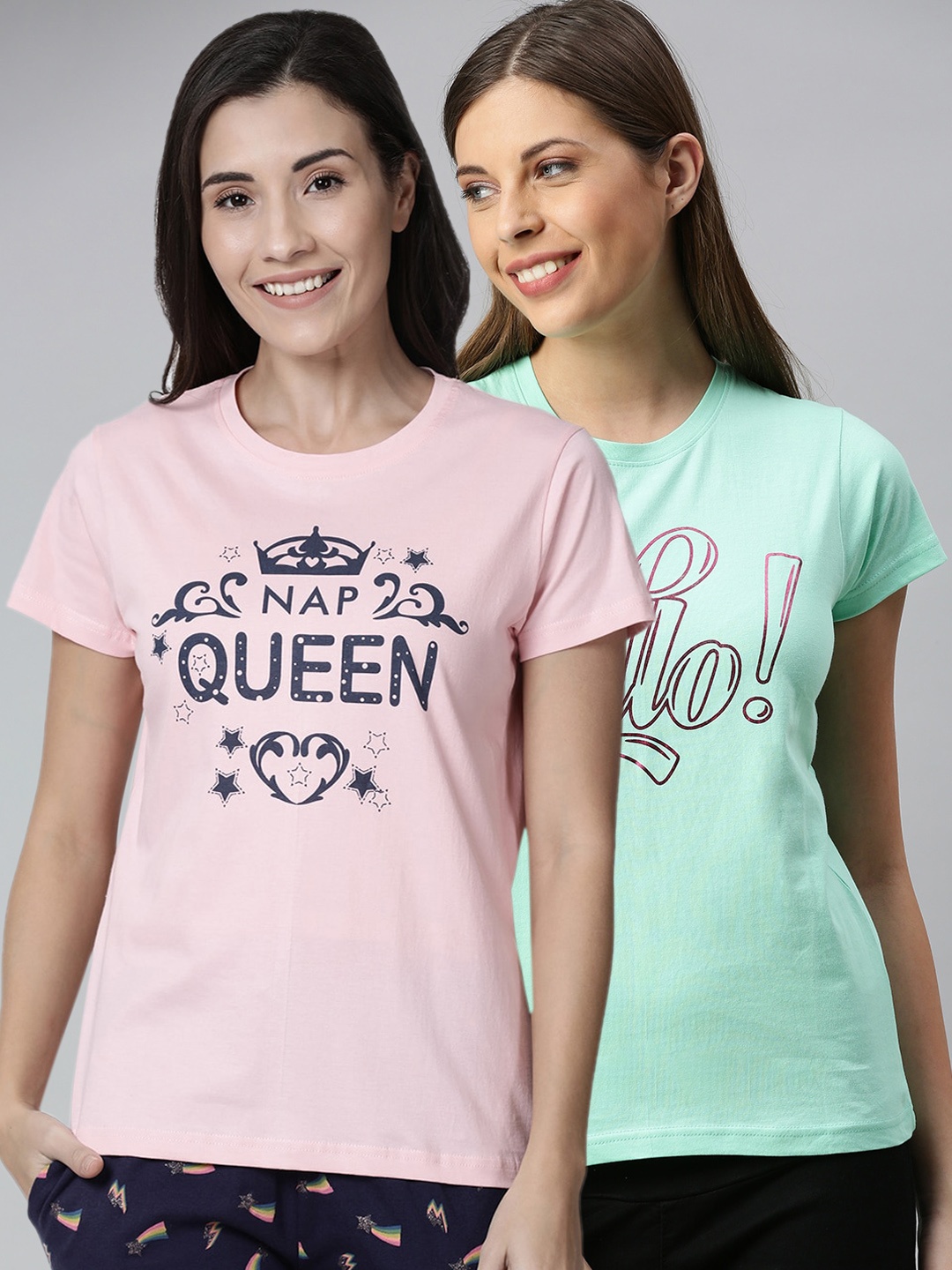 

Kryptic Women Pack of 2 Printed Pure Cotton Lounge T-Shirts, Pink